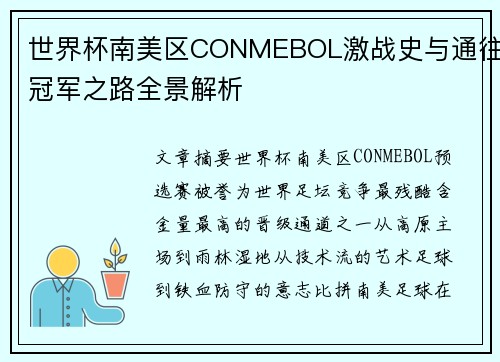 世界杯南美区CONMEBOL激战史与通往冠军之路全景解析